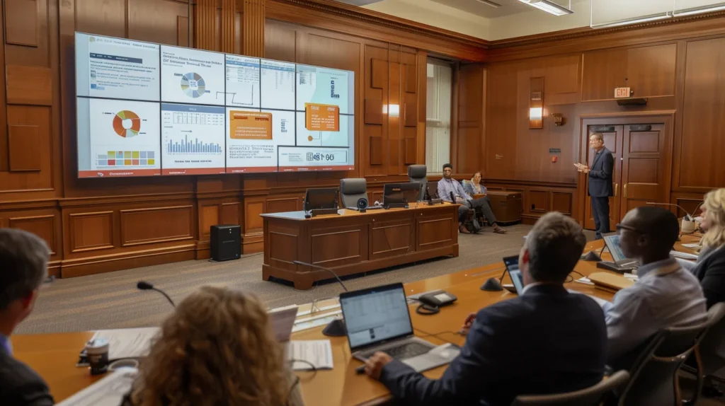 a tense and dramatic courtroom scene captures a lawyer confidently presenting a defense strategy, surrounded by attentive jurors, with emphasis on a large display board illustrating vital points to counter false allegations and establish consent.