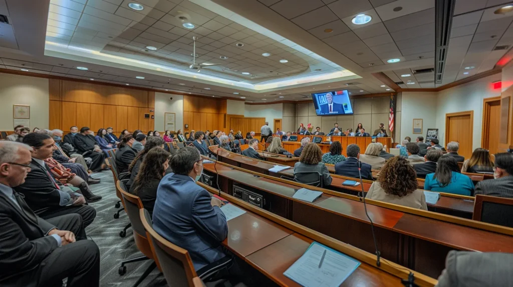 a tense courtroom scene in orange county, featuring a focused defense attorney presenting evidence, with a judge observing intently and a jury in the foreground, highlighting the serious legal ramifications surrounding domestic violence convictions.