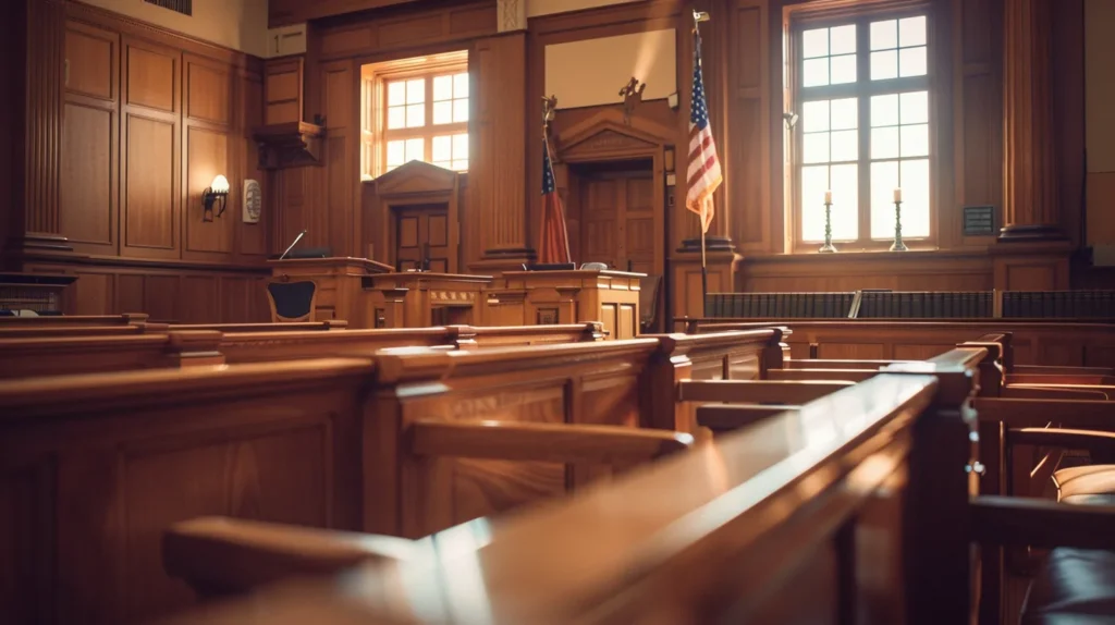 a tense courtroom setting captures a serious exchange between a lawyer and a judge, with legal documents and the california penal code visibly present, highlighting the complexities of assault and battery laws amidst the backdrop of urban legal challenges.