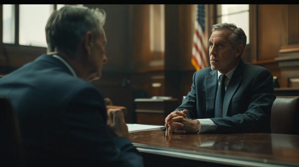 a tense courtroom setting captures a focused defense attorney discussing legal strategies with a concerned client, emphasizing the urgency of addressing a bench warrant amidst the stark, formal decor of the fullerton superior court.