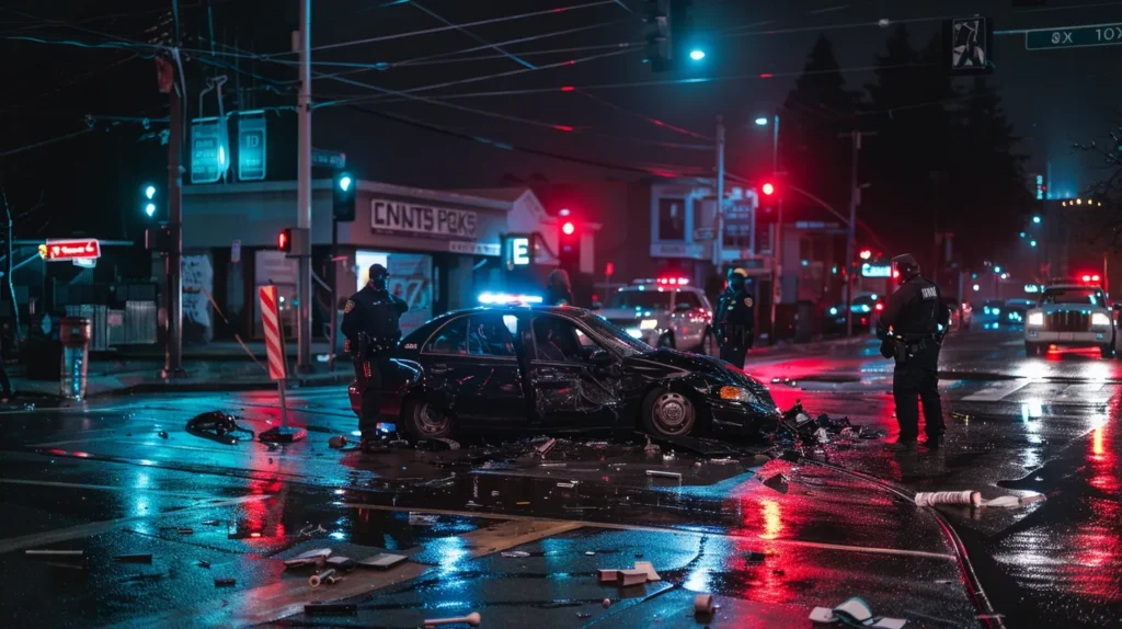 a tense urban intersection captures a scene of a parked car with visible damage, where concerned bystanders gather, and a police officer approaches to take witness statements under the glare of bright city lights.