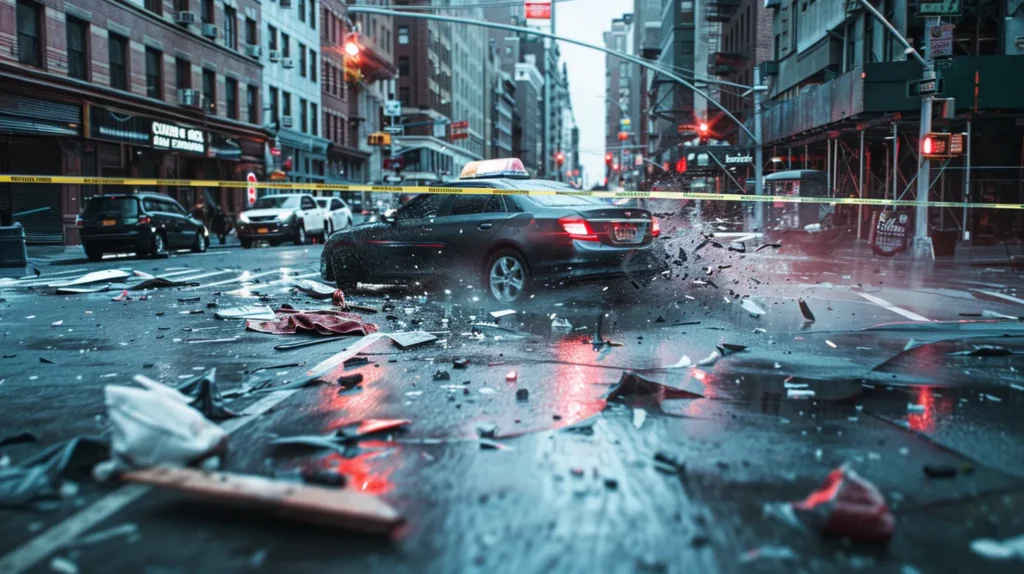 a tense urban scene captures a blurred car speeding away from a chaotic accident site, marked by police tape and fragmented debris, underscoring the severity of hit-and-run incidents and their legal repercussions.