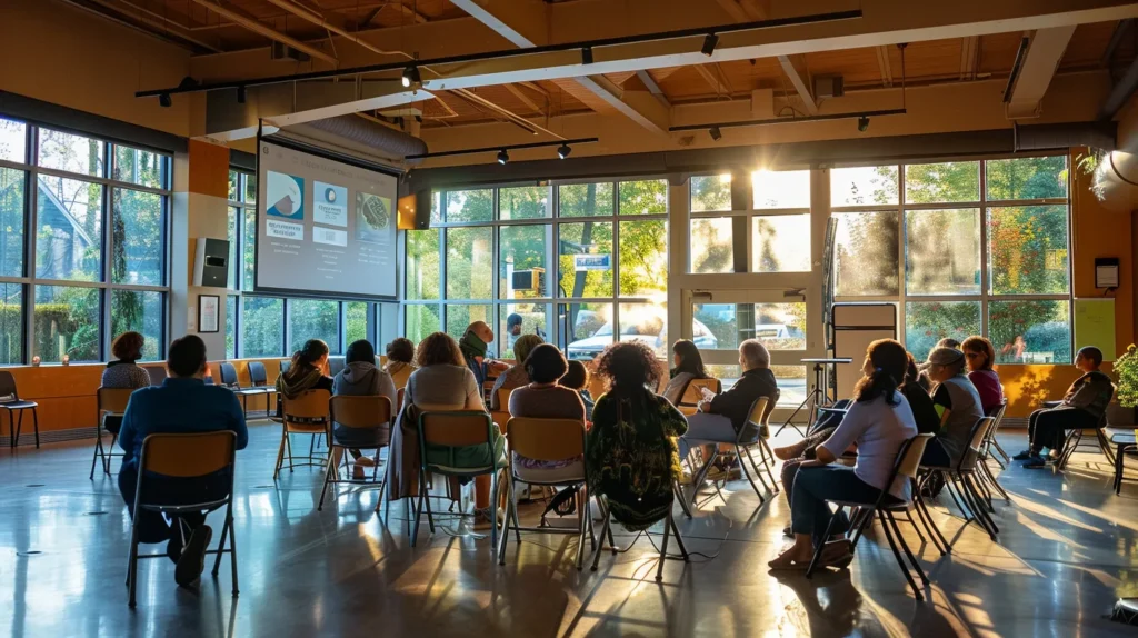 a vibrant community center filled with engaged individuals attending an informative workshop on legal rights and support, illuminated by warm natural light streaming through large windows.