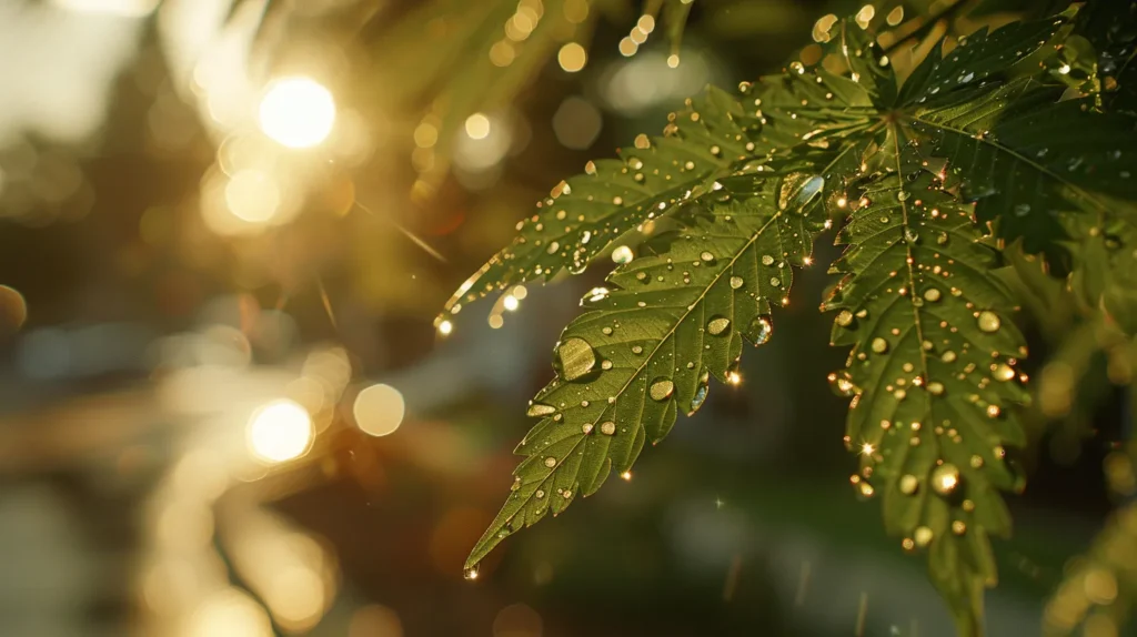 a close-up of a vibrant cannabis leaf glistening with morning dew against a blurred backdrop of a sunny fullerton street, symbolizing the evolving landscape of marijuana possession laws in california.