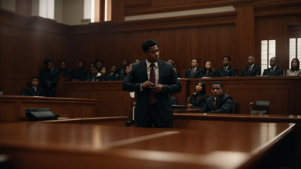 a compelling courtroom scene captures a lawyer passionately advocating for a young defendant, illuminated by warm lighting that contrasts the seriousness of the charge, symbolizing hope through alternative sentencing options like rehabilitation and community service.