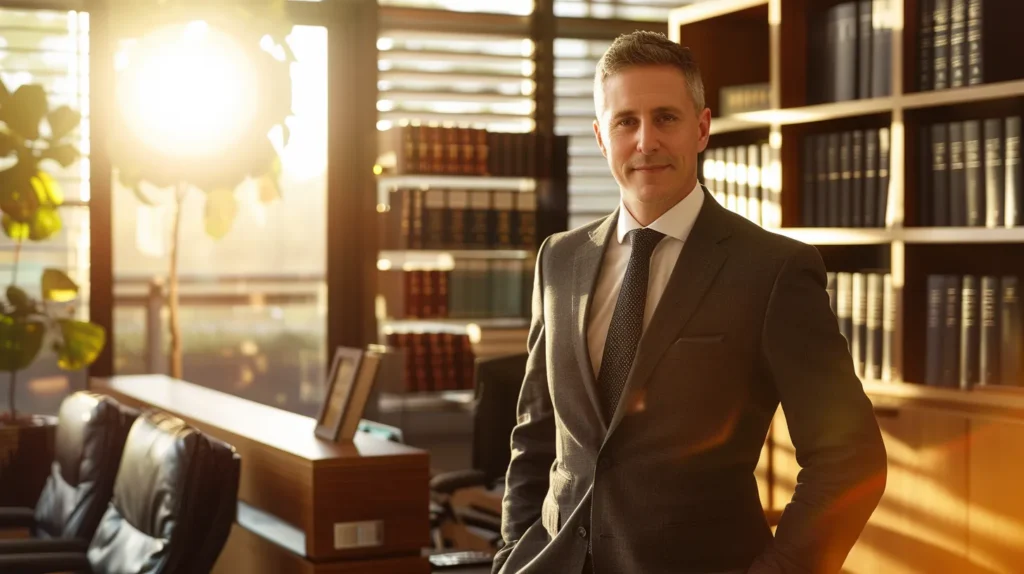 a confident, approachable attorney stands in a sunlit office, surrounded by legal books and a welcoming atmosphere, embodying quick and effective solutions for minor offenses.
