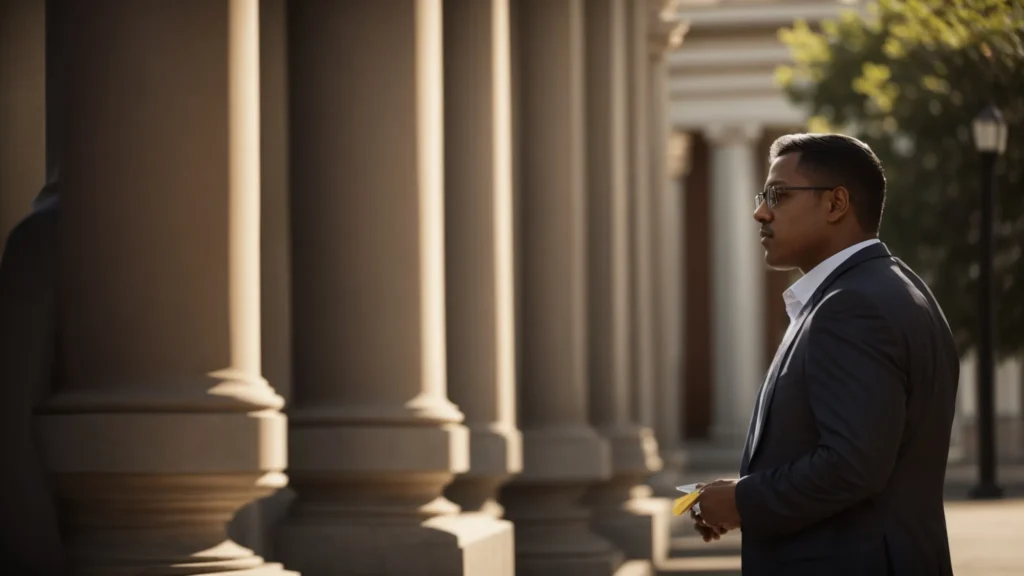 a confident attorney stands in front of a stately courthouse, bathed in warm afternoon light, engaging in a serious discussion with a potential client who seeks guidance on navigating legal challenges involving driving privileges.