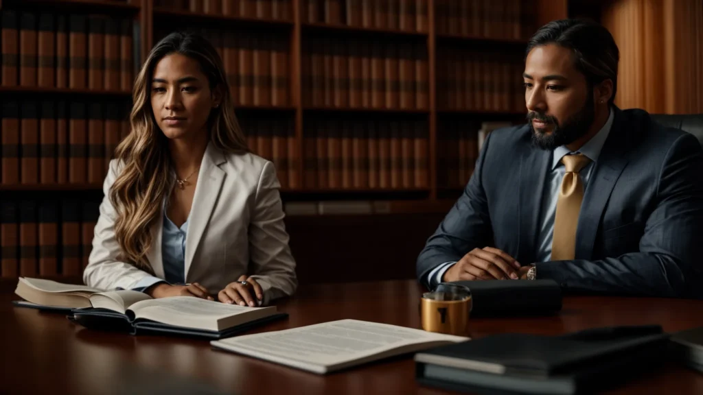 a confident criminal defense attorney engages in a dynamic consultation with a client, surrounded by law books and a warm, inviting office atmosphere that emphasizes trust and open communication.