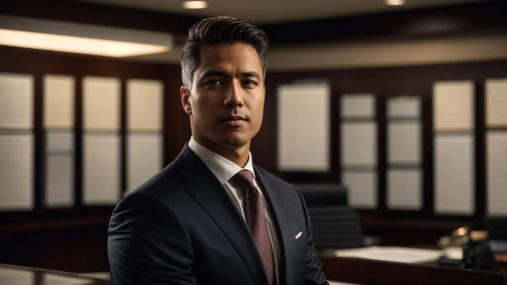 a confident criminal defense attorney stands in a modern law office, surrounded by framed testimonials and success stories, embodying a sense of trust and professionalism under warm, natural lighting.