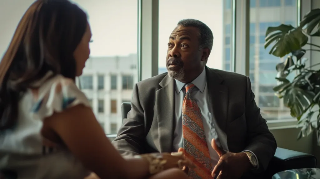 a confident dmv hearing attorney in a sleek office, engaged in a focused discussion with a concerned client, illuminated by warm natural light filtering through large windows, emphasizing the theme of expert legal guidance and support.