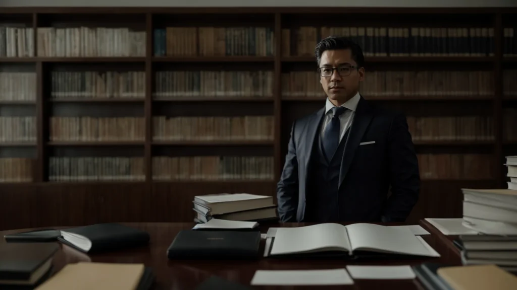 a confident lawyer stands in a well-lit office, surrounded by legal books and documents, conveying a sense of professionalism and support as they prepare to guide clients through the complexities of drug crime defense.