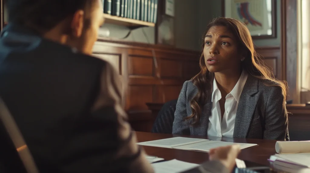 a confident young client sits across from a focused attorney in a well-lit office, surrounded by organized legal documents, as they engage in an important discussion about courtroom strategies and preparation.