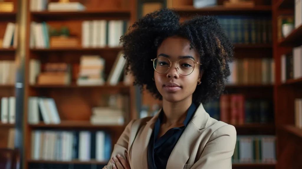 a confident young lawyer stands resolutely in a modern law office, surrounded by books and legal documents, embodying hope and guidance for minors facing dui charges.