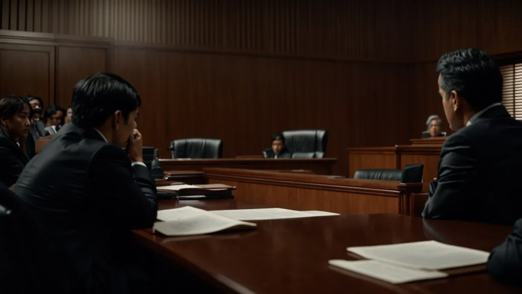 a courtroom scene depicting a focused defense attorney passionately presenting a case, with intense expressions from jurors in soft, dramatic lighting that highlights the gravity of defending against petty theft charges.
