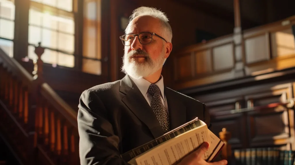 a determined attorney stands confidently in a sunlit courtroom, surrounded by legal books and documents, embodying the commitment to safeguard driving privileges.