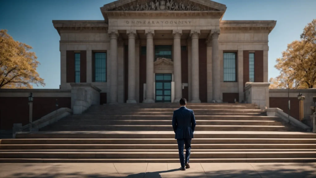 a determined individual stands confidently at a courthouse entrance, surrounded by symbolic scales of justice, casting a strong, hopeful presence against the backdrop of a clear blue sky.