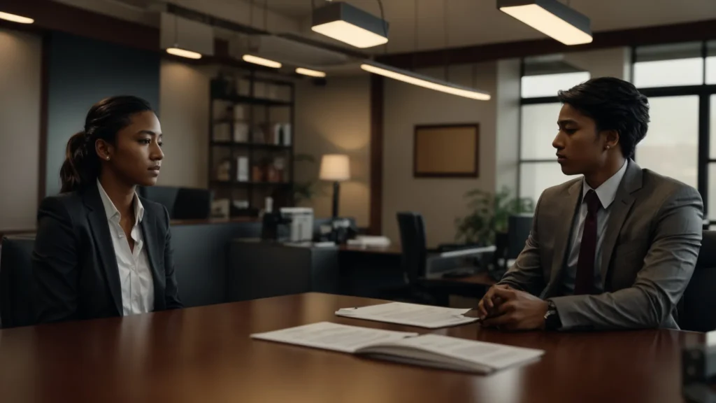 a determined young lawyer engages with a concerned parent in a professional office setting, showcasing a blend of youthful energy and legal expertise in navigating underage dui cases.