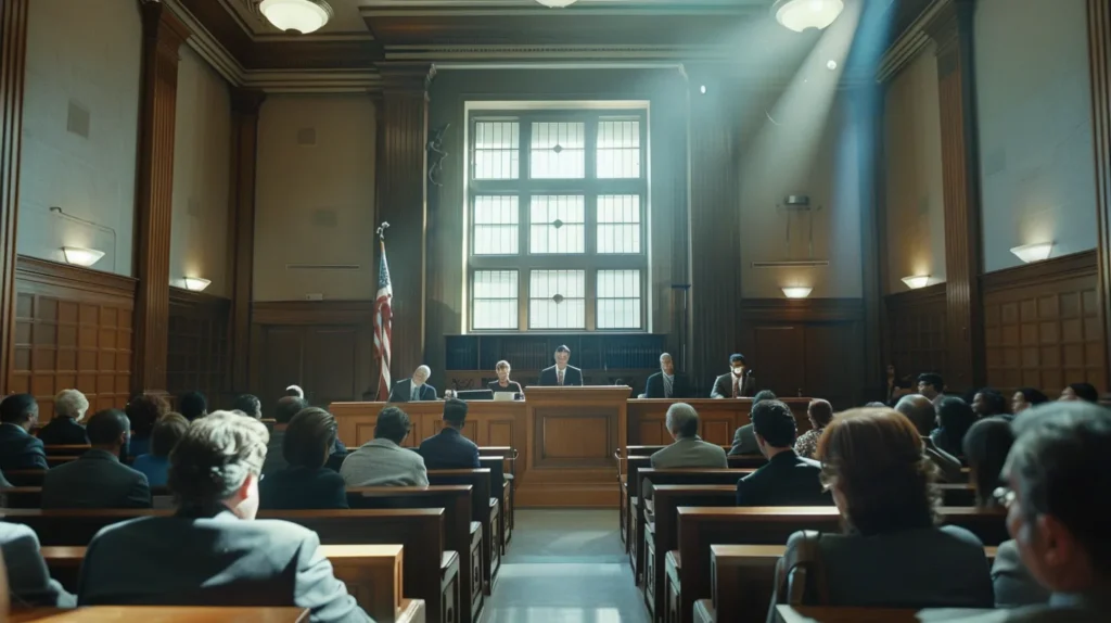 a dramatic courtroom scene captures a tense moment during a drug charge hearing, highlighting the gravity of legal proceedings with stark lighting and intense expressions on the faces of the lawyers and judge.