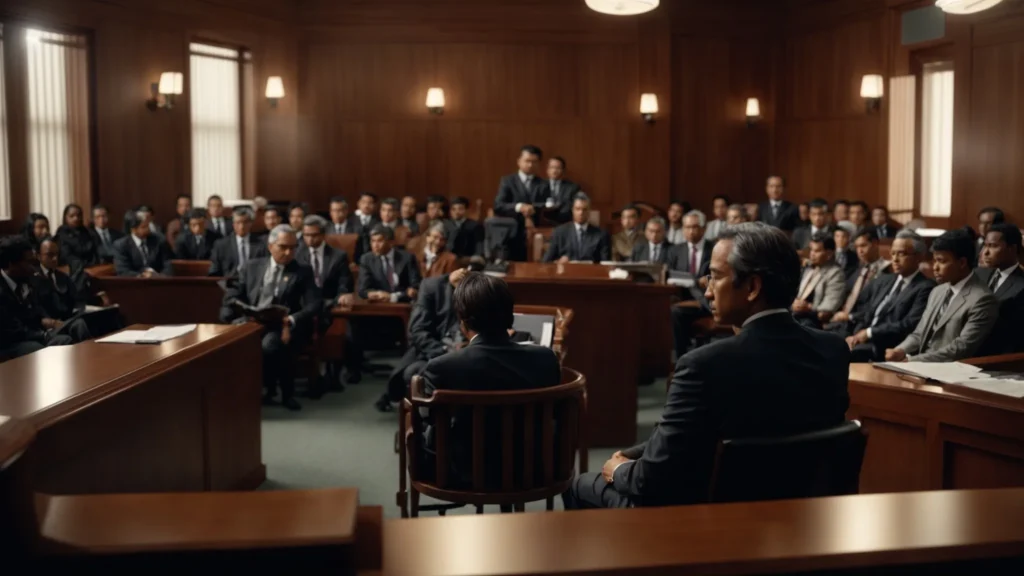 a dramatic courtroom scene captures the tense atmosphere of a marijuana case in progress, with the judge at the center, surrounded by attorneys and a captivated audience, illuminated by the stark light filtering through high windows, emphasizing the gravity of the judicial process.