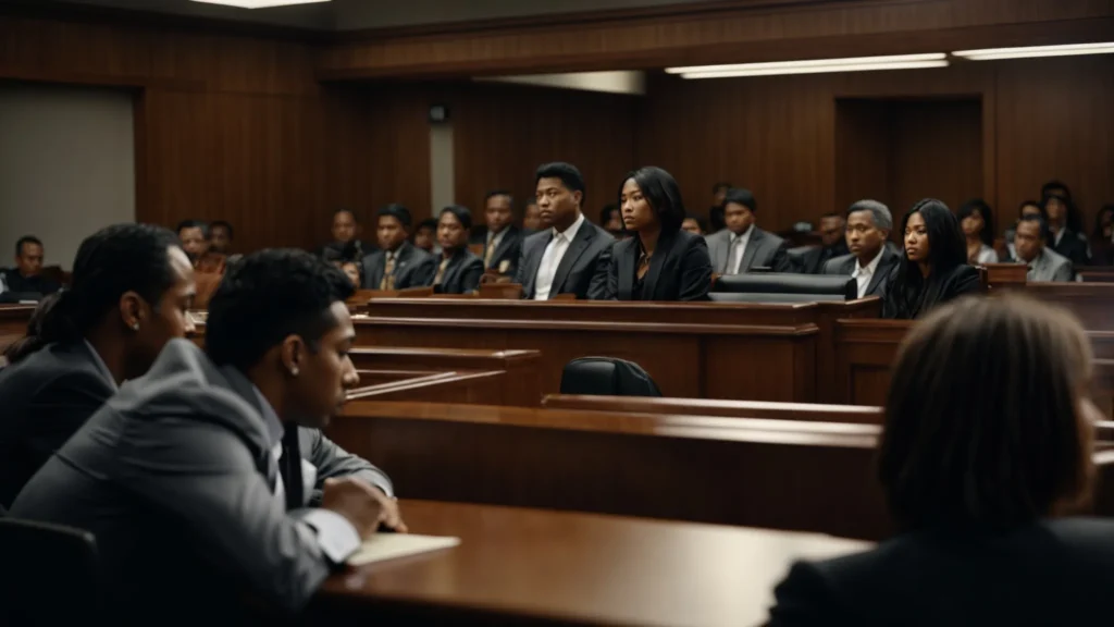 a dramatic courtroom scene captures the tense atmosphere of a dmv hearing, with sharp contrast lighting highlighting the serious expressions of the participants as they navigate complex legal discussions around driving privileges.