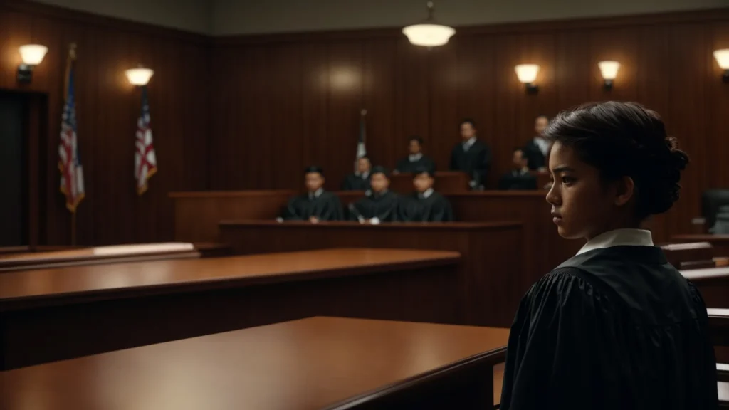 a dramatic courtroom scene highlights a young defendant standing before a stern judge, surrounded by somber decor and focused on the serious implications of underage dui charges in california.