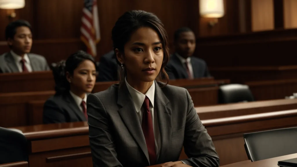 a dramatic courtroom scene highlights a confident defense attorney passionately presenting a compelling case to the jury, bathed in warm, focused light that emphasizes the tension and seriousness of the legal proceedings.