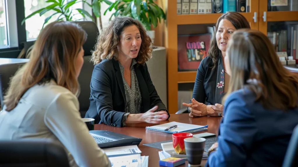 a focused and modern office environment showcases a diverse group of legal professionals engaged in a dynamic discussion, surrounded by informative materials on domestic violence law, symbolizing the pursuit of justice and support for victims.