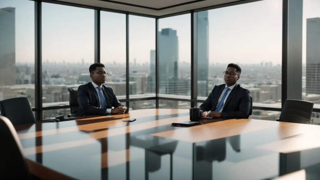 a focused attorney sits at a sleek conference table in a modern orange county office, confidently discussing expungement strategies with a client, surrounded by legal books and a city skyline visible through large windows.