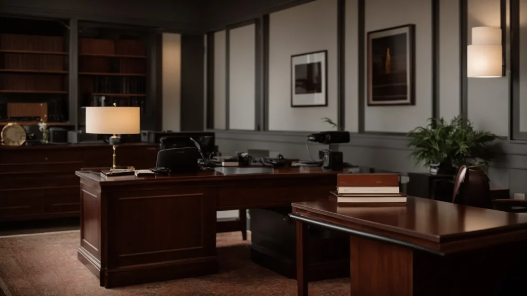 a focused attorney’s office, featuring a polished wooden desk strewn with legal documents and a warm, inviting atmosphere, captures the essence of preparation and clarity for a crucial consultation.