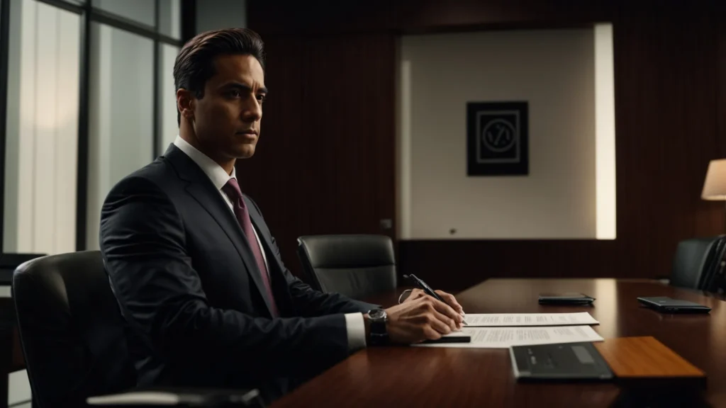 a focused defense attorney stands confidently at a sleek conference table in a modern courtroom, analyzing case files with a determined expression, surrounded by legal documents and a laptop, symbolizing strategic negotiation and expert legal representation in drug possession defense.