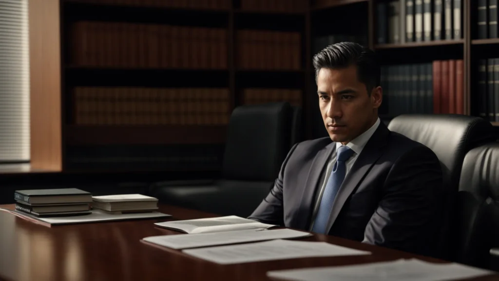 a focused portrait of a professional defense attorney in a modern office setting, thoughtfully engaging with a client across a sleek conference table, surrounded by legal books and documents, conveying an atmosphere of trust and expertise in drug possession defense.