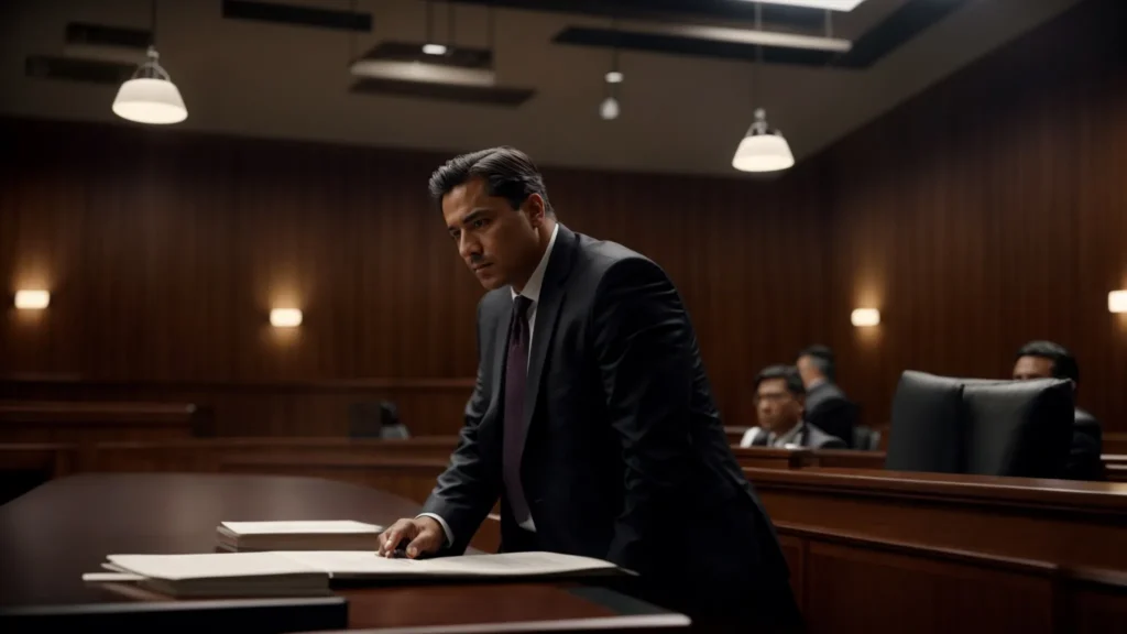 a powerful courtroom scene captures a determined felony lawyer presenting a compelling defense, illuminated by focused lighting that highlights their intense expression amidst the charged atmosphere of justice.