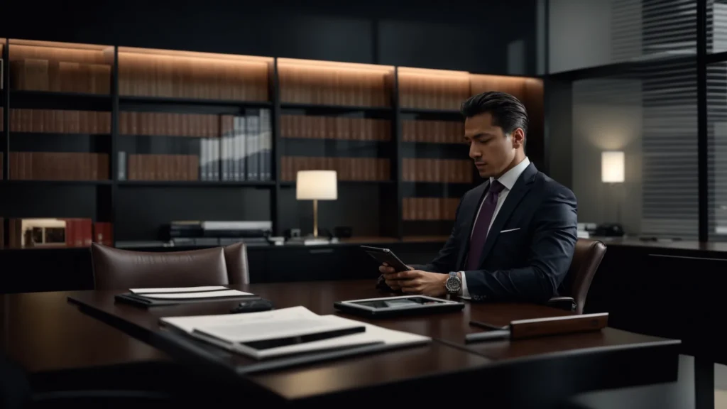 a sharply focused consultation scene inside a sleek, modern law office showcases a confident attorney analyzing evidence on a digital tablet, with legal books and framed awards prominently displayed in the background, conveying a strong atmosphere of strategic defense in drug possession cases.