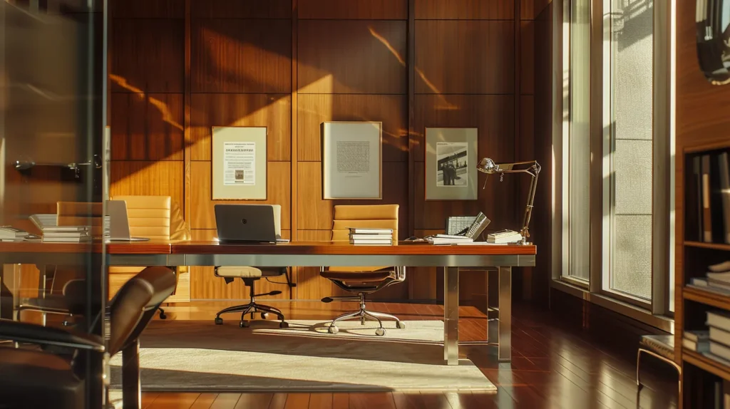 a sleek, modern law office bathed in warm, natural light, featuring a polished conference table adorned with legal briefs and framed client testimonials, conveying a sense of professionalism and trust.