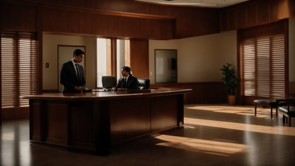 a solemn courtroom scene illuminated by soft, dramatic lighting, featuring a poised lawyer discussing domestic violence cases with a concerned client, encapsulating the gravity of legal counsel amidst the complexities of justice in fullerton, ca.
