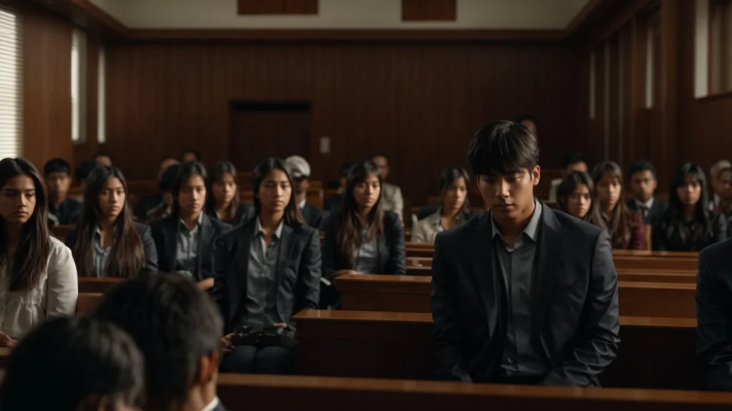a somber courtroom filled with young adults displays the weight of consequences, as the stark lighting casts shadows on the concerned faces contemplating the long-term impacts of an underage dui conviction.