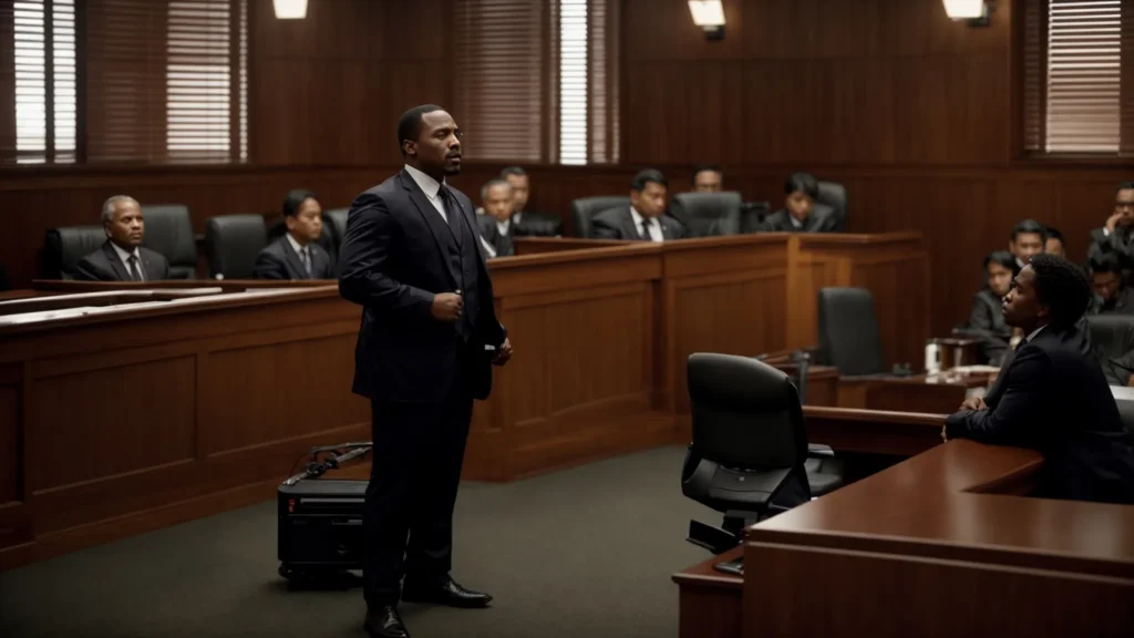 a somber courtroom scene captures a tense moment as a defense lawyer passionately argues in front of a judge, embodying the struggle for justice in possession of stolen property cases, with warm, dramatic lighting accentuating the gravity of the situation.