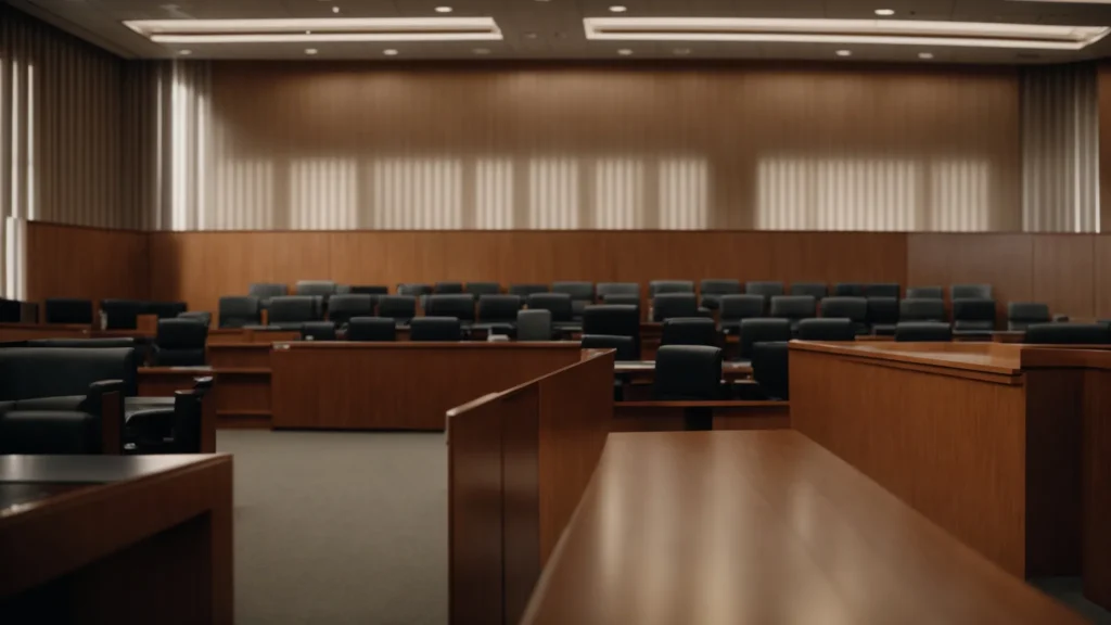 a somber courtroom scene in fullerton, illuminated by soft, natural light filtering through tall windows, captures the tension and seriousness of a drug charge hearing, with an empty witness stand symbolizing the stakes of justice and consequence.