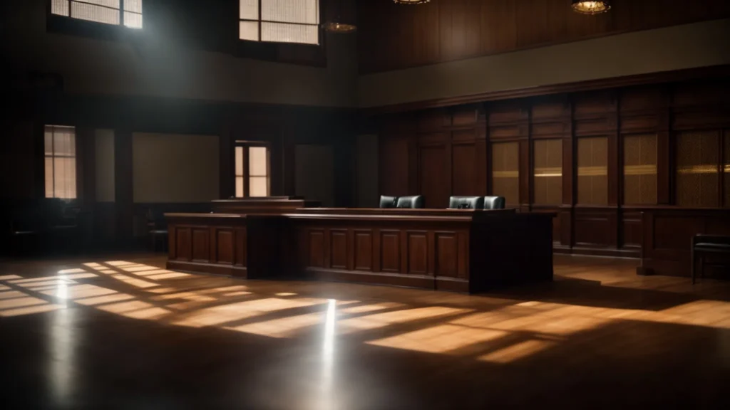 a tense courtroom scene unfolds with a poised attorney passionately presenting a case regarding driving privileges, illuminated by stark overhead lighting that casts deep shadows across the room.