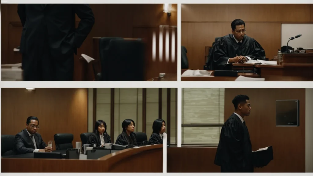 a tense, dimly lit courtroom scene captures a focused attorney passionately presenting a case to a judge, emphasizing the gravity of drug possession charges in fullerton.