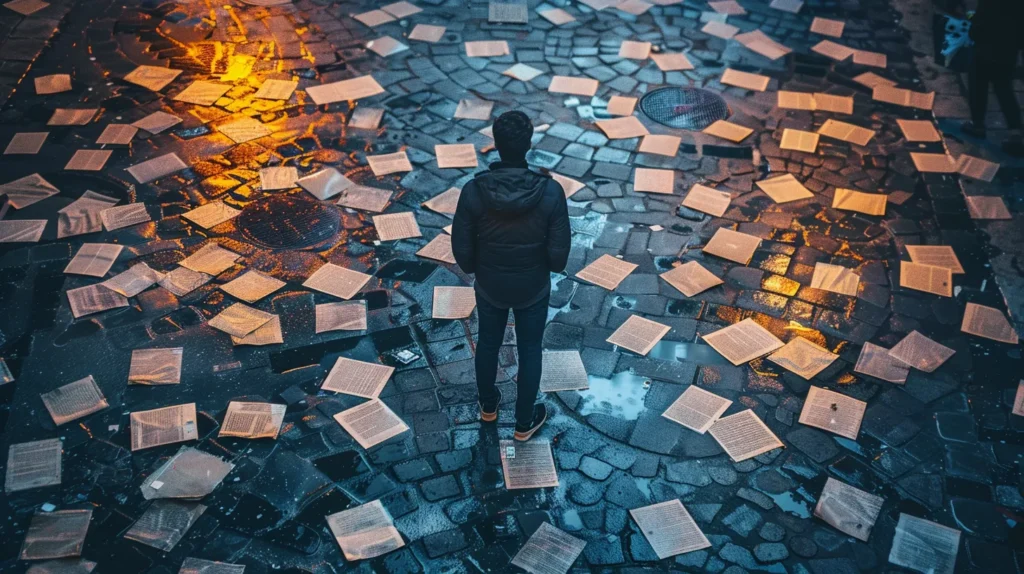 a thoughtful individual stands at a crossroads surrounded by symbolic representations of legal documents and obstacles, illuminated by warm, focused light, embodying the quest for clarity in choosing an expungement lawyer.