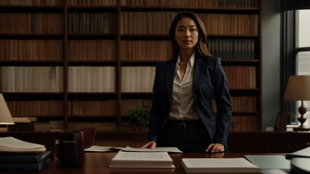 a determined attorney stands confidently in a well-lit office, surrounded by empowering legal books and documents, symbolizing hope and strength for those seeking protection from domestic violence.