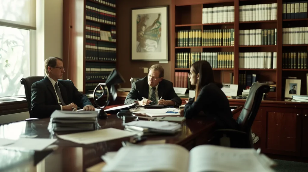 a focused legal team engages in a strategic discussion within a modern office, surrounded by documents and case files, illustrating the intense negotiation tactics employed in defending clients against serious felony domestic violence charges.