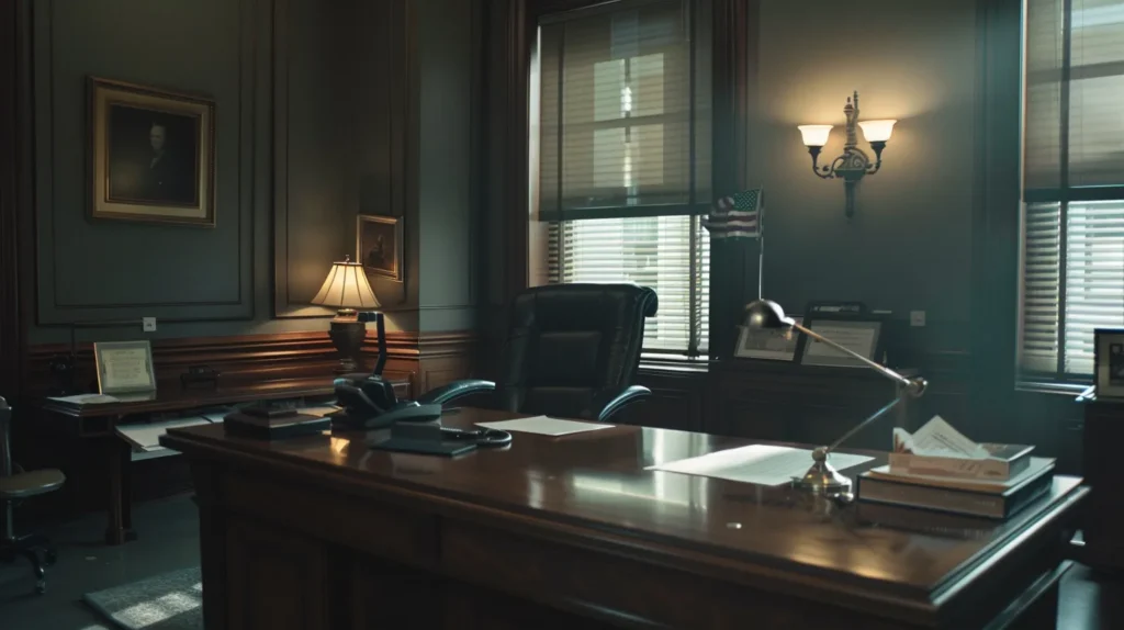a professional attorney’s office with somber, muted colors and a sleek wooden desk, featuring an open legal document and a gavel, conveying the seriousness and gravity of domestic violence cases handled within an urban legal context.