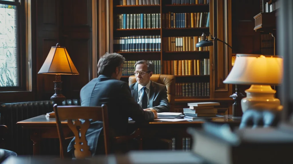 a tense law office environment showcases a somber client seated across from a seasoned attorney, surrounded by legal documents and a focused atmosphere, emphasizing the urgency of securing representation in the face of domestic violence charges.